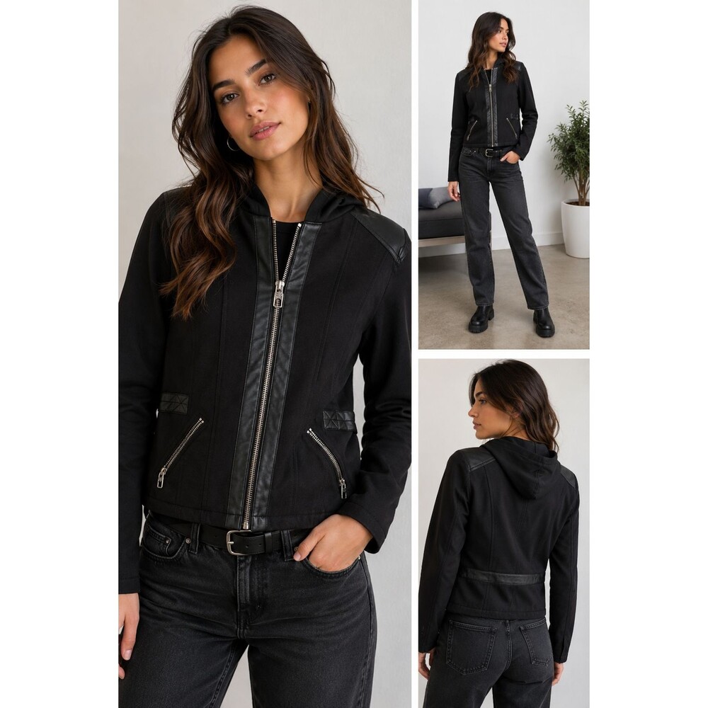 Miss Sixty M60 Black Soft Shell Hooded Zip Jacket Women's Size L Moto Utility St